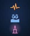 Three icons in the dark: a racing pulse for Adrenaline Junkie, eyes peeking over a blanket for White Knuckler, and a candle in the dark for Dark Coper.